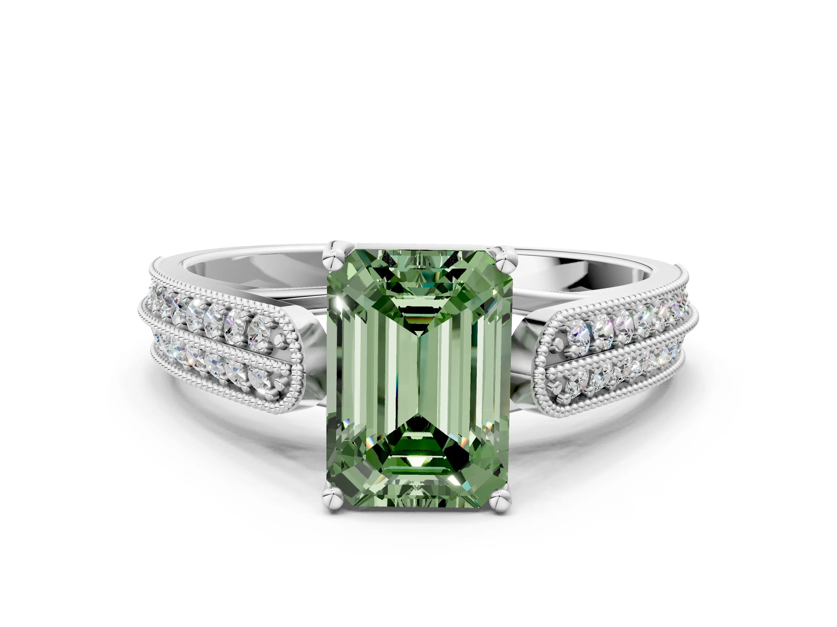 White gold Fancy Green Emerald Cut Cut Pave Split Shank Engagement Ring with Four-Prong Setting_12