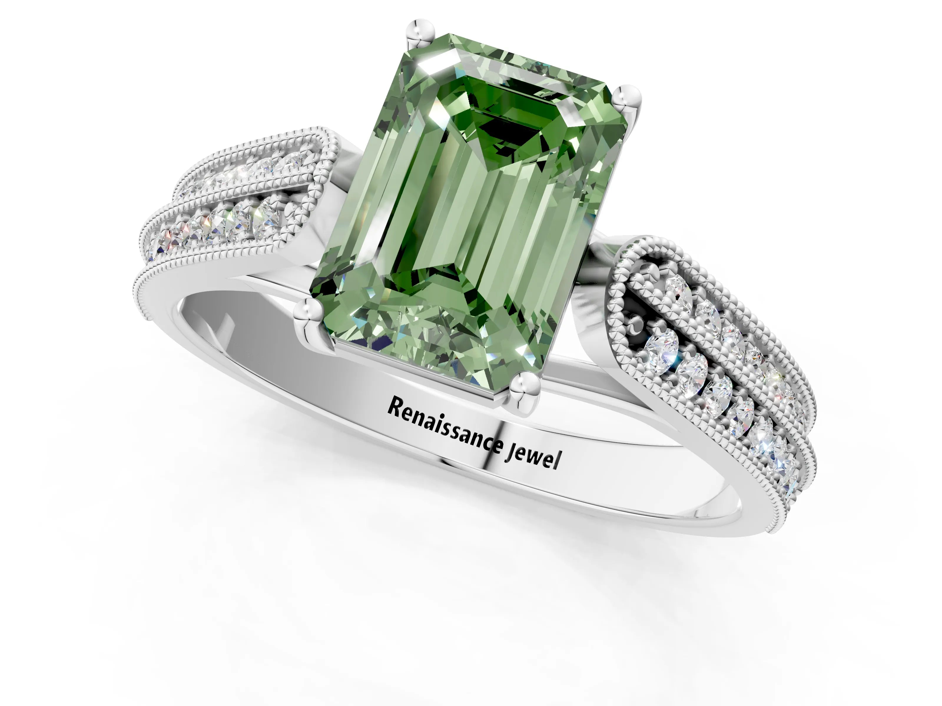 White gold Fancy Green Emerald Cut Cut Pave Split Shank Engagement Ring with Four-Prong Setting_13