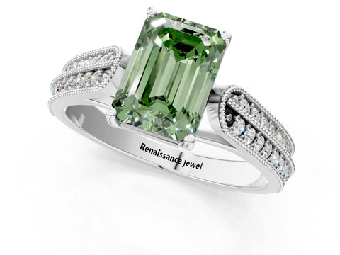 White gold Fancy Green Emerald Cut Cut Pave Split Shank Engagement Ring with Four-Prong Setting_13