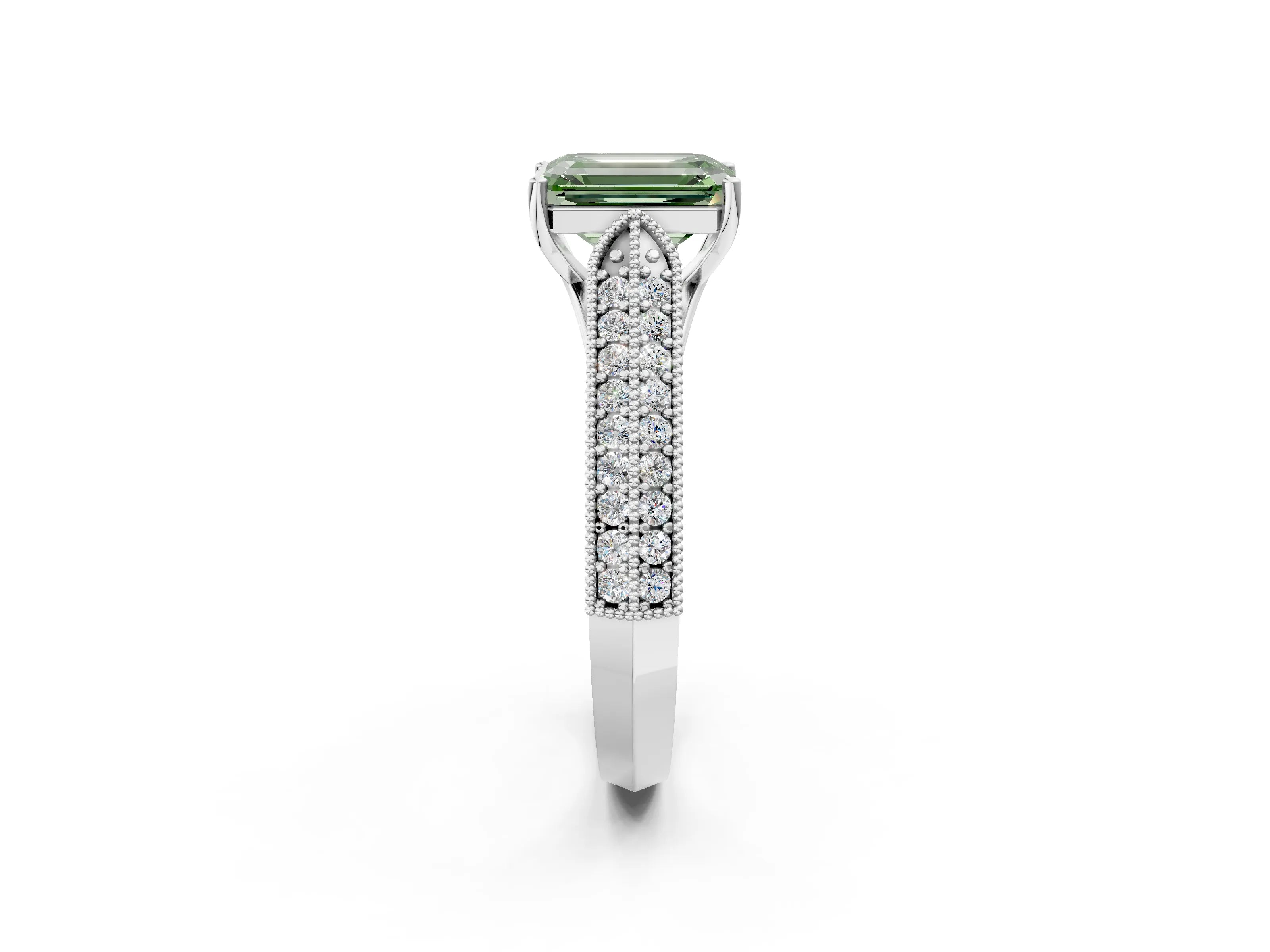 White gold Fancy Green Emerald Cut Cut Pave Split Shank Engagement Ring with Four-Prong Setting_14