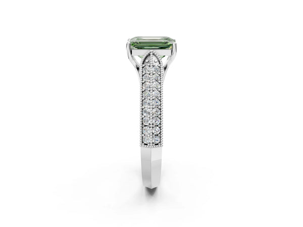 White gold Fancy Green Emerald Cut Cut Pave Split Shank Engagement Ring with Four-Prong Setting