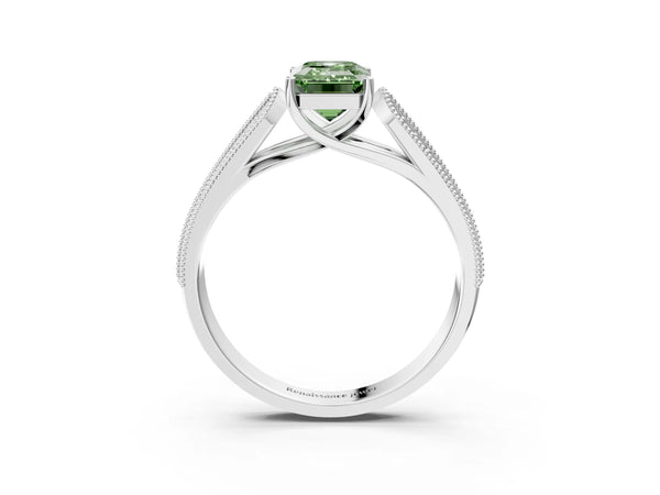 White gold Fancy Green Emerald Cut Cut Pave Split Shank Engagement Ring with Four-Prong Setting