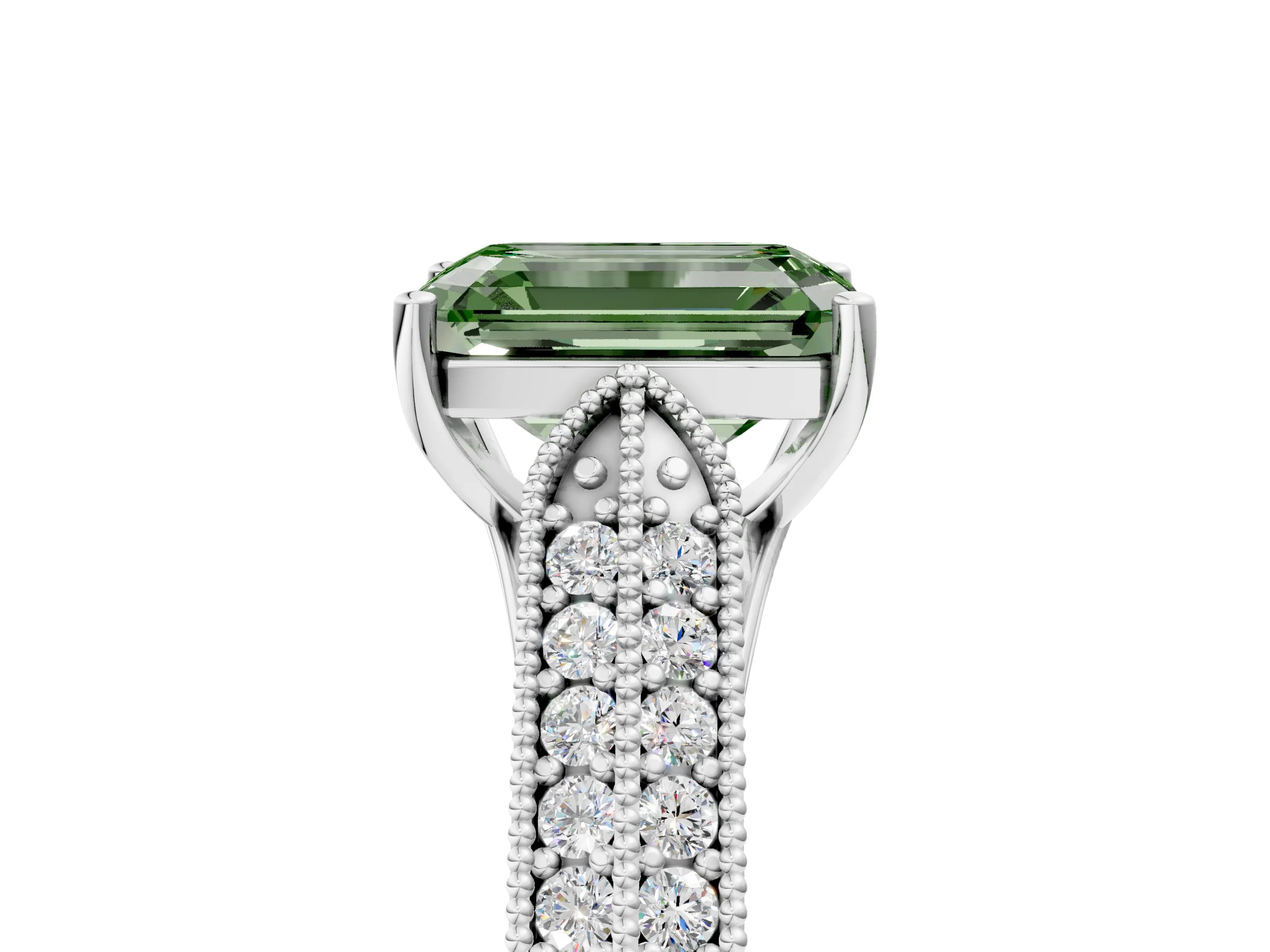 White gold Fancy Green Emerald Cut Cut Pave Split Shank Engagement Ring with Four-Prong Setting_17