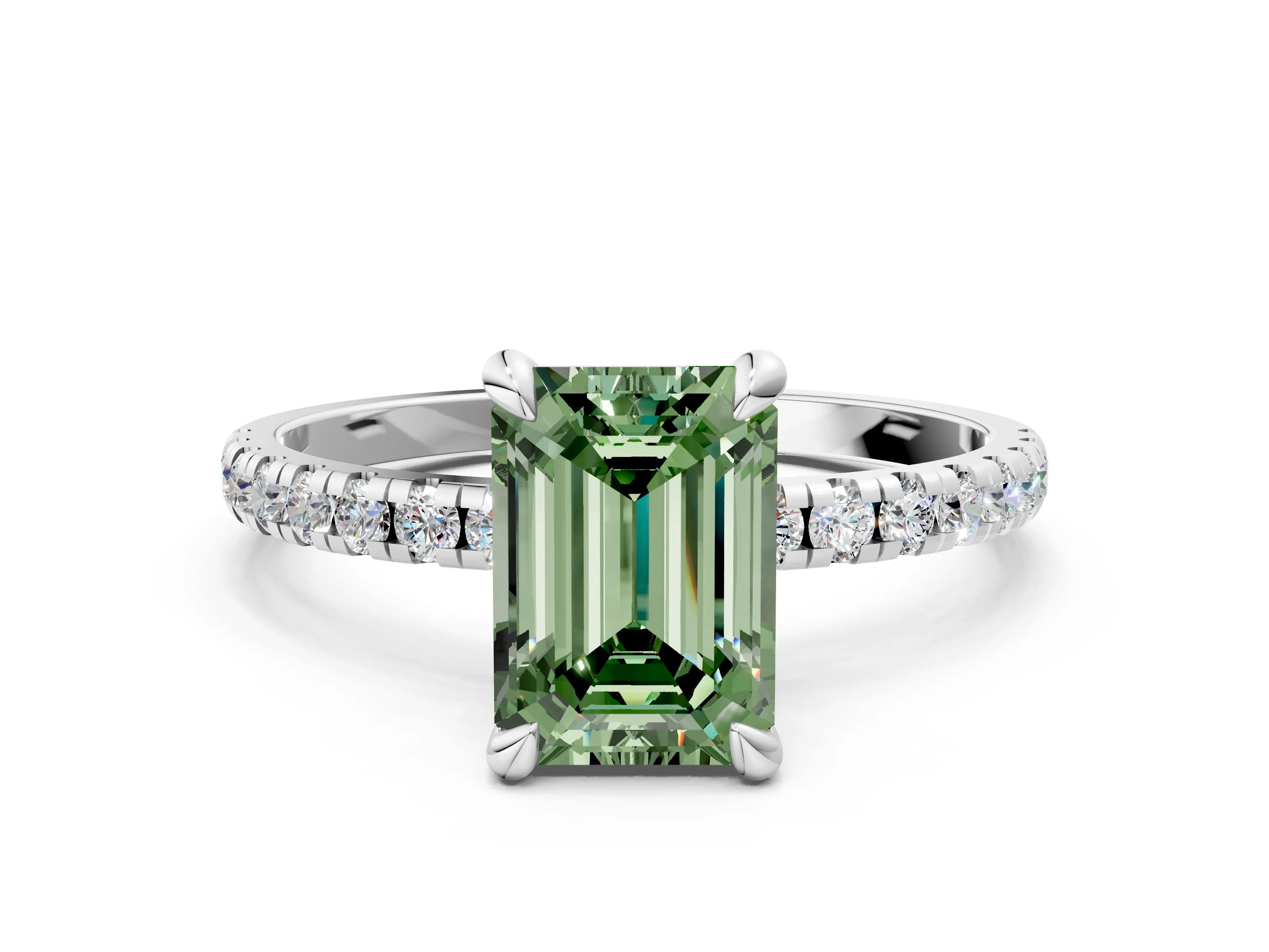 White gold Fancy Green Emerald Cut Diamond Brilliant Solitaire Ring with Pavé Band and Four-Prong Setting