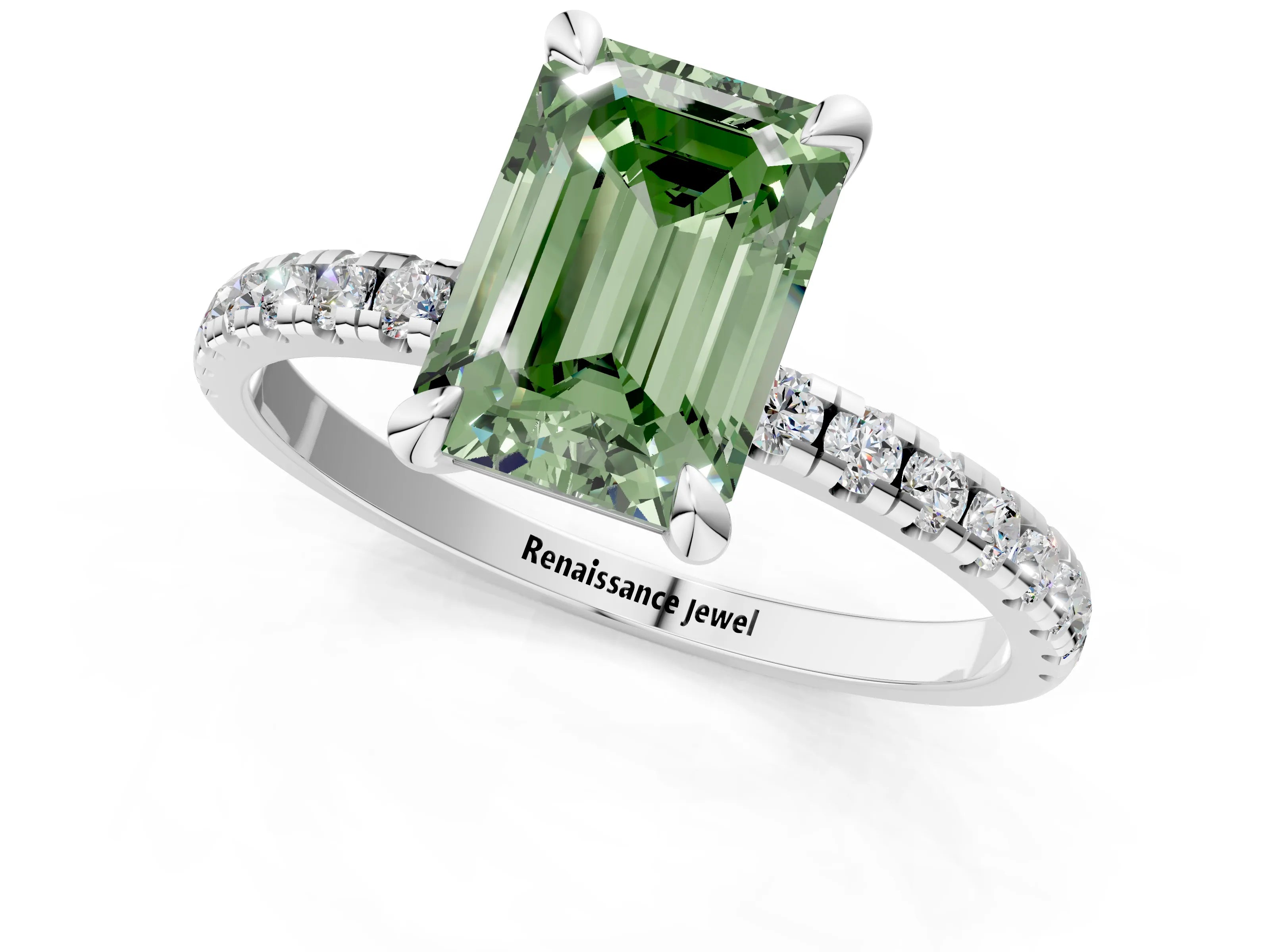 White gold Fancy Green Emerald Cut Diamond Brilliant Solitaire Ring with Pavé Band and Four-Prong Setting_1