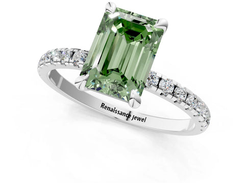 White gold Fancy Green Emerald Cut Diamond Brilliant Solitaire Ring with Pavé Band and Four-Prong Setting_1