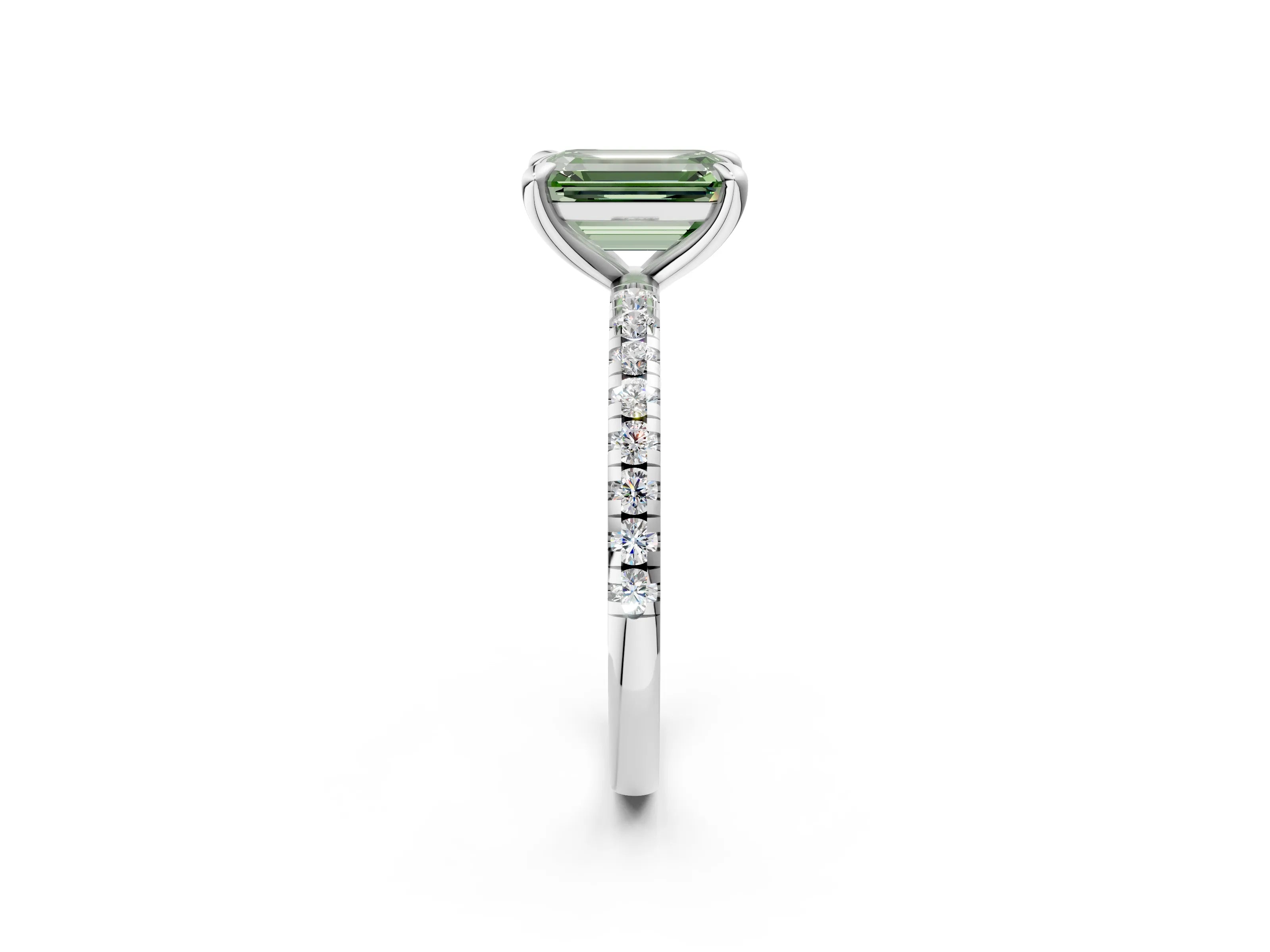 White gold Fancy Green Emerald Cut Diamond Brilliant Solitaire Ring with Pavé Band and Four-Prong Setting_2