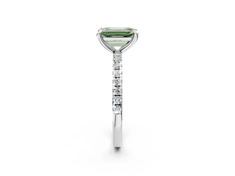 White gold Fancy Green Emerald Cut Diamond Brilliant Solitaire Ring with Pavé Band and Four-Prong Setting_2