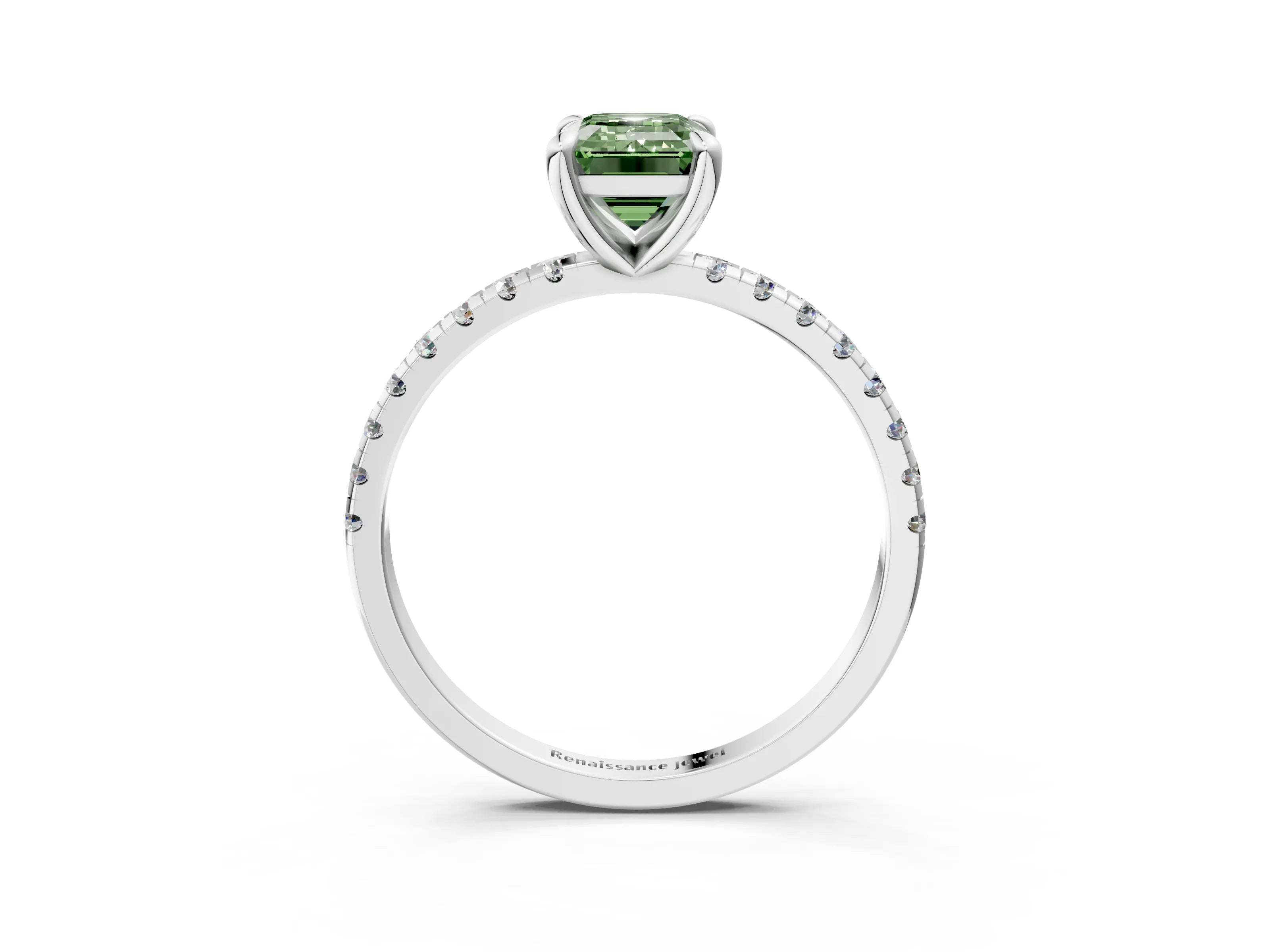 White gold Fancy Green Emerald Cut Diamond Brilliant Solitaire Ring with Pavé Band and Four-Prong Setting_3