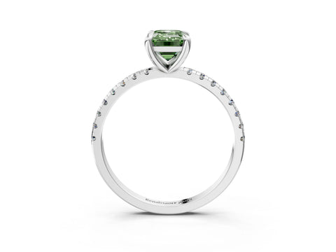 White gold Fancy Green Emerald Cut Diamond Brilliant Solitaire Ring with Pavé Band and Four-Prong Setting_3