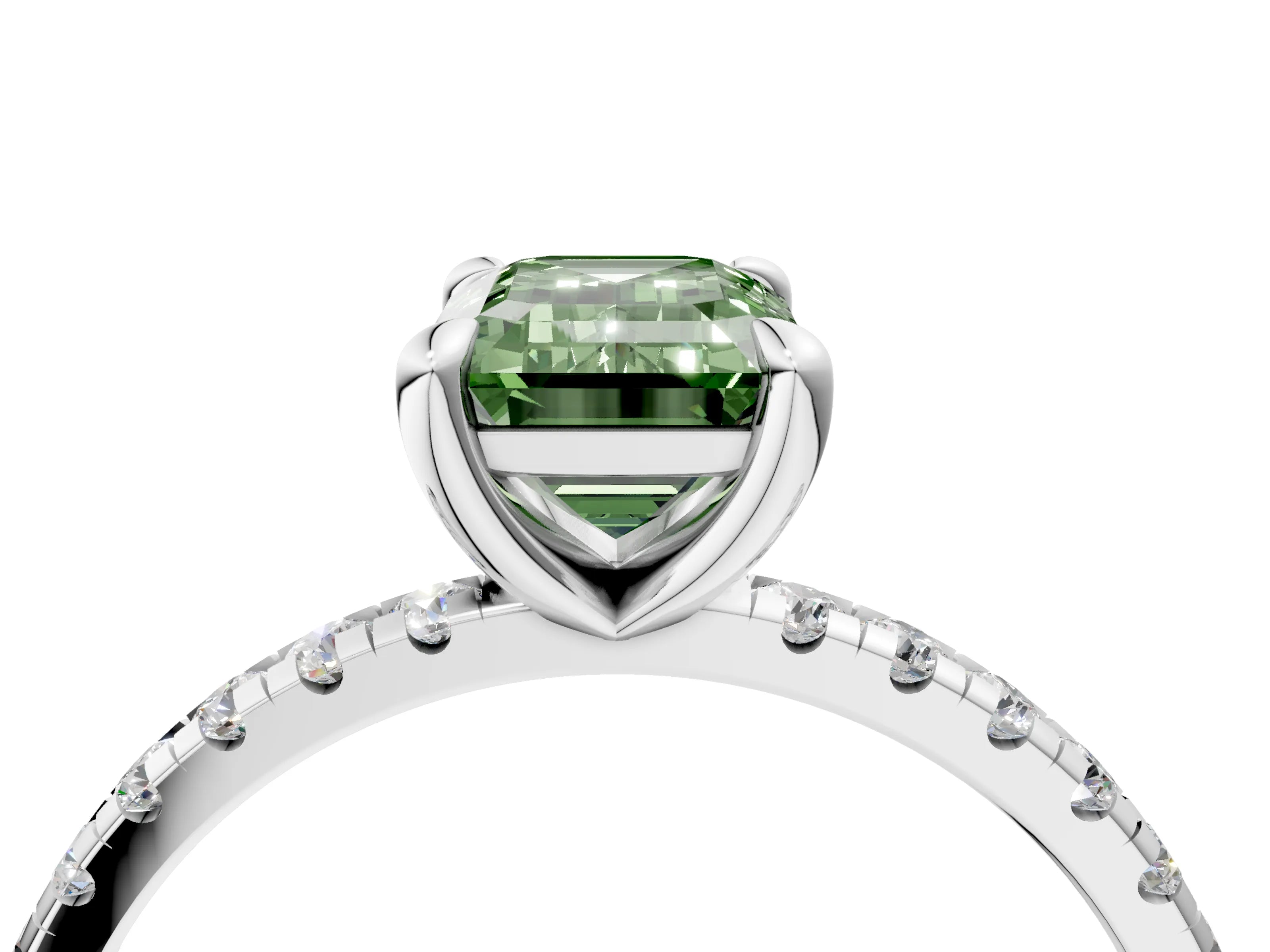 White gold Fancy Green Emerald Cut Diamond Brilliant Solitaire Ring with Pavé Band and Four-Prong Setting_4