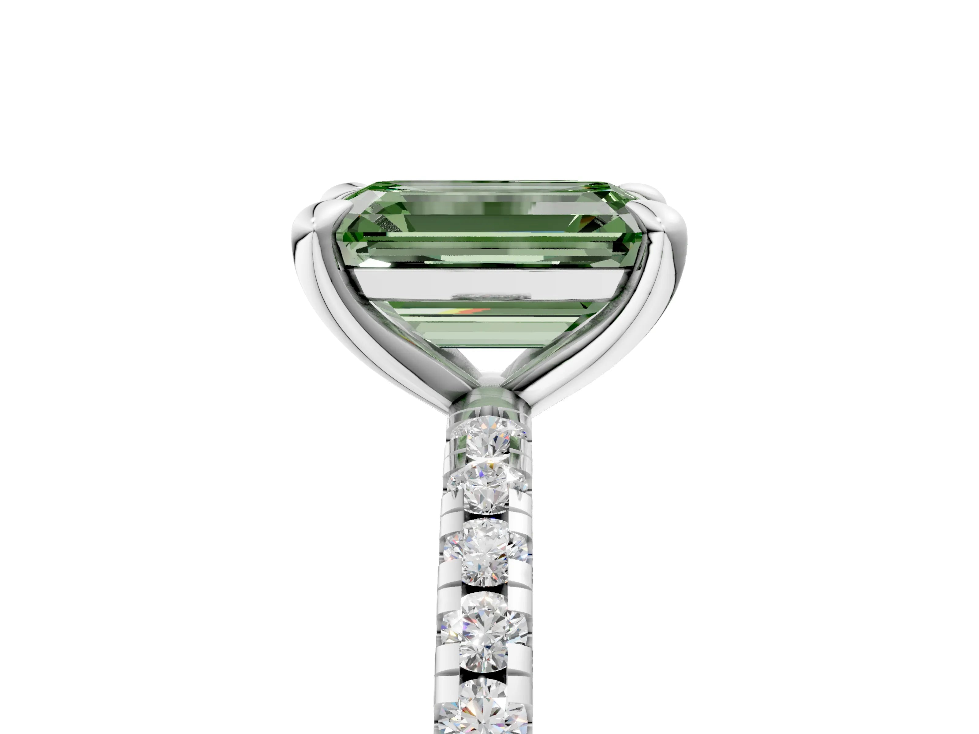 White gold Fancy Green Emerald Cut Diamond Brilliant Solitaire Ring with Pavé Band and Four-Prong Setting_5
