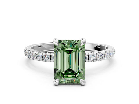White gold Fancy Green Emerald Cut Diamond Brilliant Solitaire Ring with Pavé Band and Four-Prong Setting