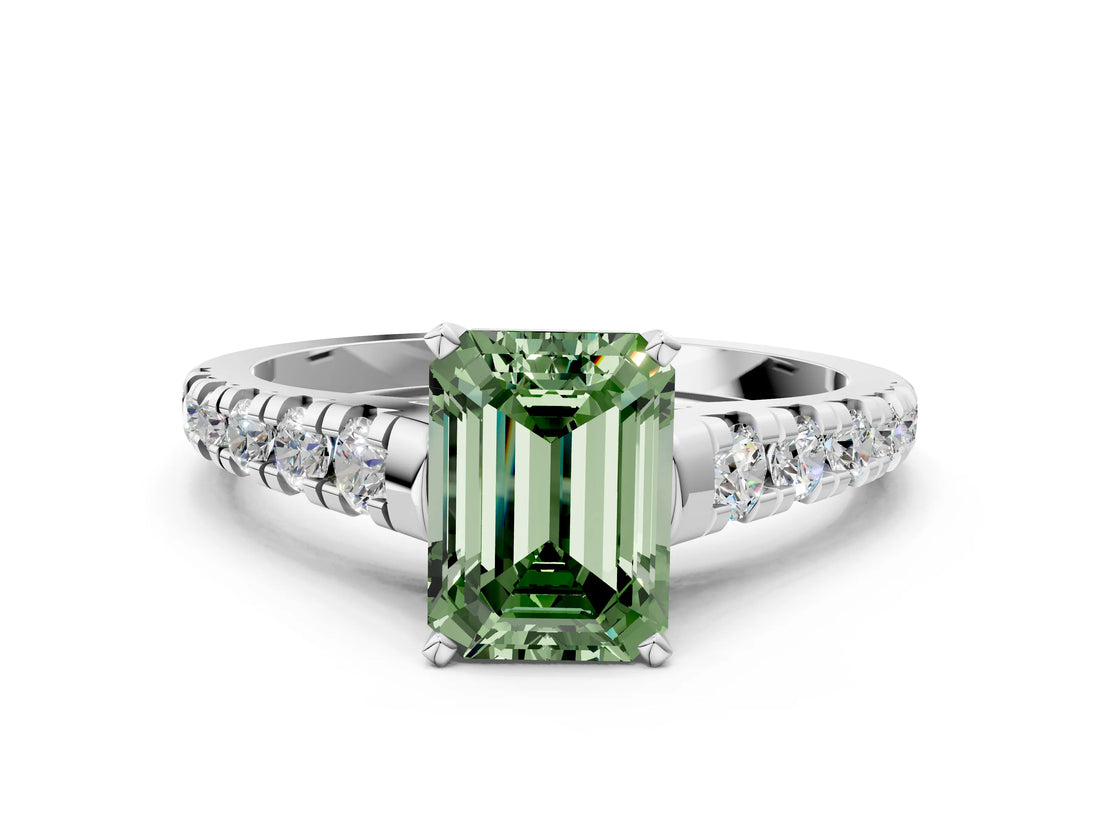 White gold Fancy Green Emerald Cut Diamond Cathedral Solitaire Ring with Round  Pavé Band_181