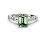 White gold Fancy Green Emerald Cut Diamond Cathedral Solitaire Ring with Round  Pavé Band_181