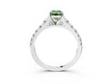White gold Fancy Green Emerald Cut Diamond Cathedral Solitaire Ring with Round  Pavé Band_196