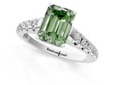 White gold Fancy Green Emerald Cut Diamond Cathedral Solitaire Ring with Round  Pavé Band_199