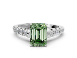 White gold Fancy Green Emerald Cut Diamond Cathedral Solitaire Ring with Round  Pavé Band_210