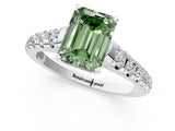 White gold Fancy Green Emerald Cut Diamond Cathedral Solitaire Ring with Round  Pavé Band_211