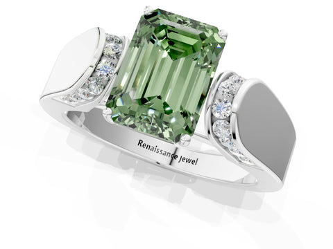 White gold Fancy Green Emerald Cut Diamond Channel Set Solitaire Ring with Four-Prong Setting_26