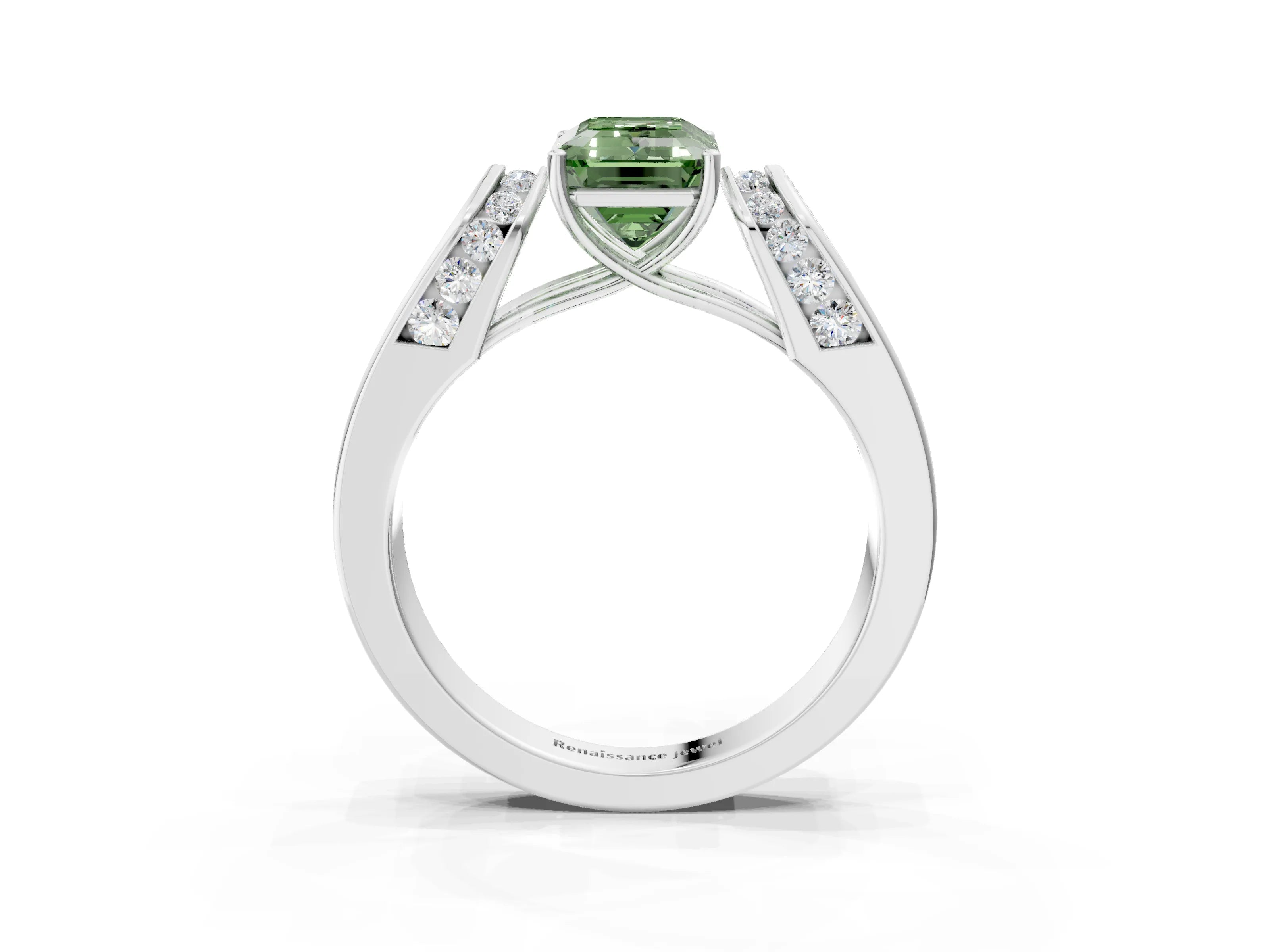 White gold Fancy Green Emerald Cut Diamond Channel Set Solitaire Ring with Four-Prong Setting_28