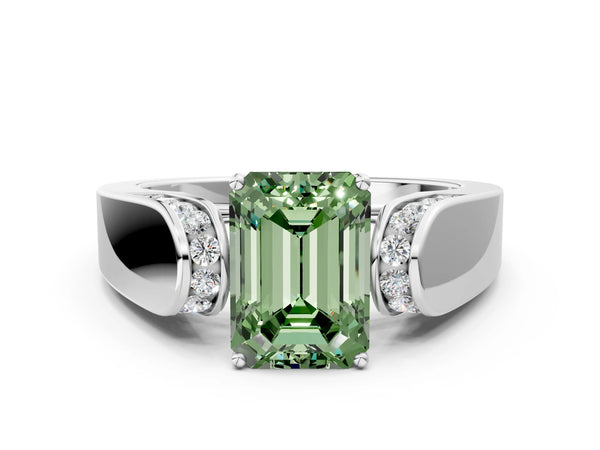 Platinum Emerald Cut Channel Set Engagement Ring Setting for Fancy Green Center with Wide Band
