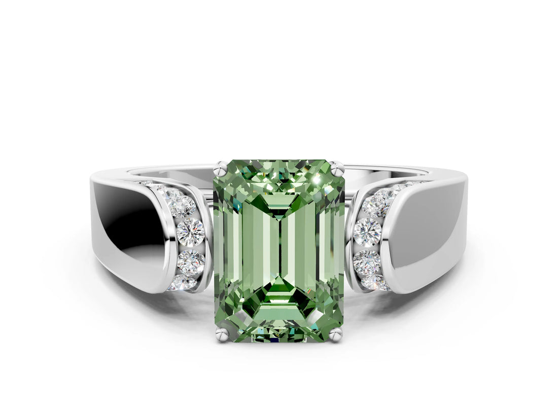White gold Fancy Green Emerald Cut Diamond Channel Set Solitaire Ring with Four-Prong Setting_56