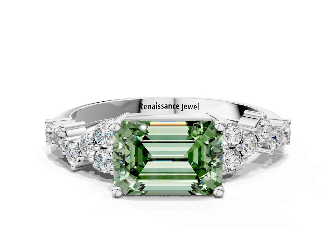 White gold Fancy Green Emerald Cut Diamond Cluster Pavé Band with Four-Prong Setting_3