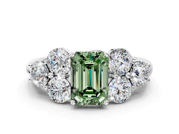 Platinum Fancy Green Emerald  Cut Diamond Cluster Ring with Round Accent Stones and Prong Setting on a Classic Band