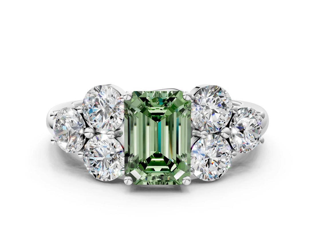 White gold Fancy Green Emerald  Cut Diamond Cluster Ring with Round Accent Stones and Prong Setting on a Classic Band_88