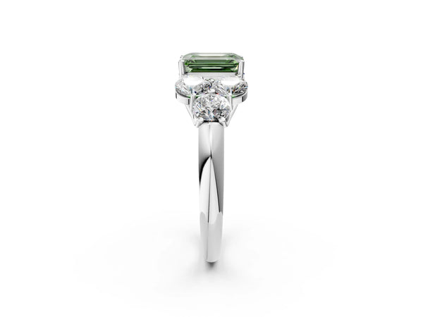 Platinum Fancy Green Emerald  Cut Diamond Cluster Ring with Round Accent Stones and Prong Setting on a Classic Band