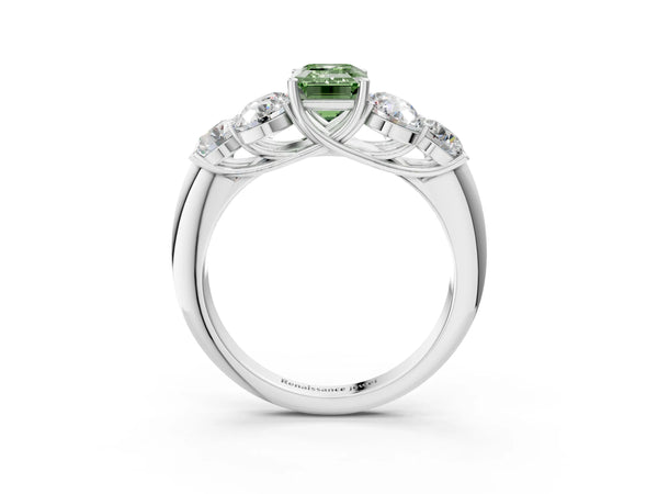 Platinum Fancy Green Emerald  Cut Diamond Cluster Ring with Round Accent Stones and Prong Setting on a Classic Band