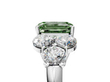 White gold Fancy Green Emerald  Cut Diamond Cluster Ring with Round Accent Stones and Prong Setting on a Classic Band_93