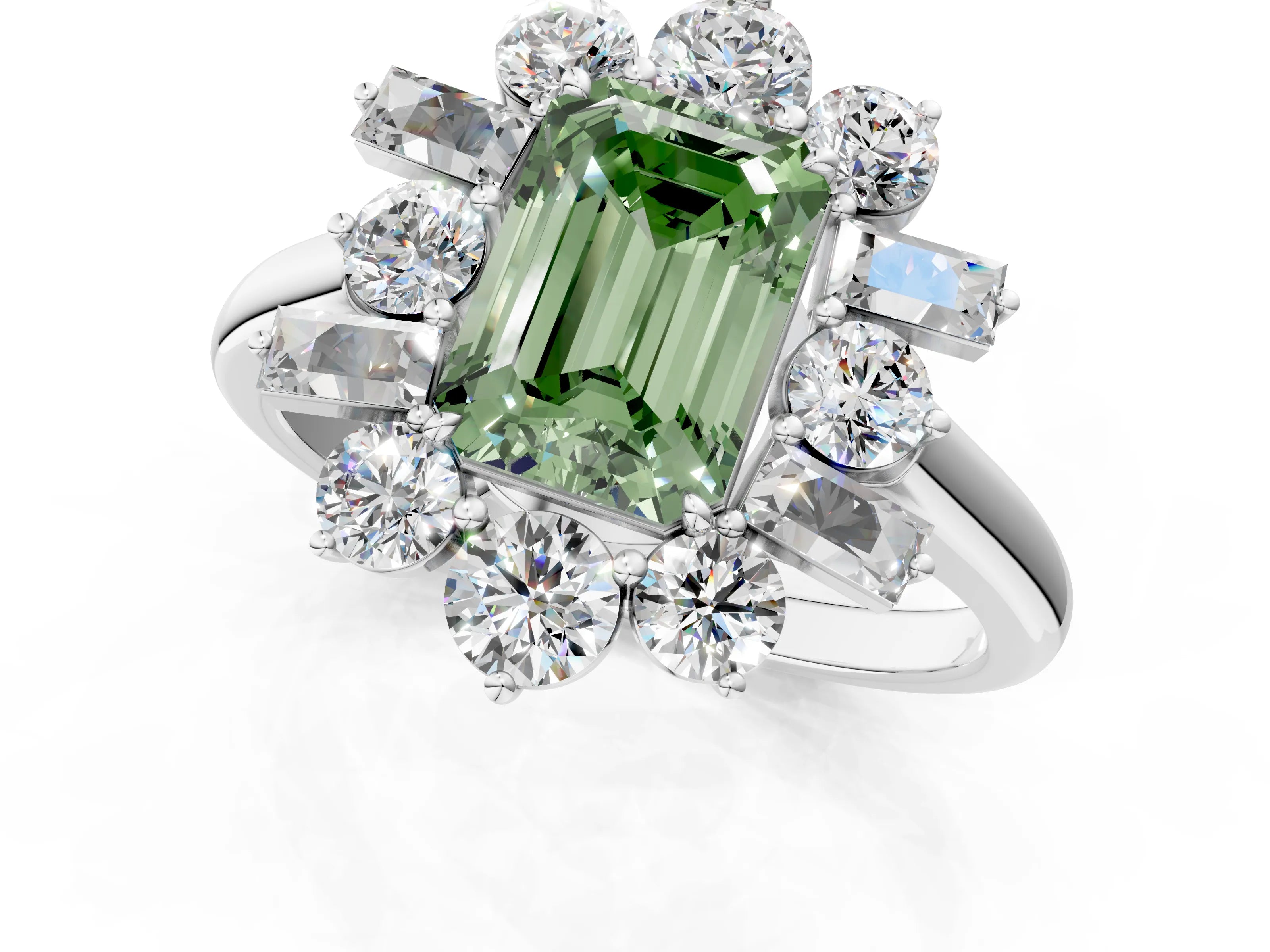 White gold Fancy Green Emerald Cut Diamond Cluster Ring with Round and Baguette Stones, Split Shank Band, Prong Setting_1