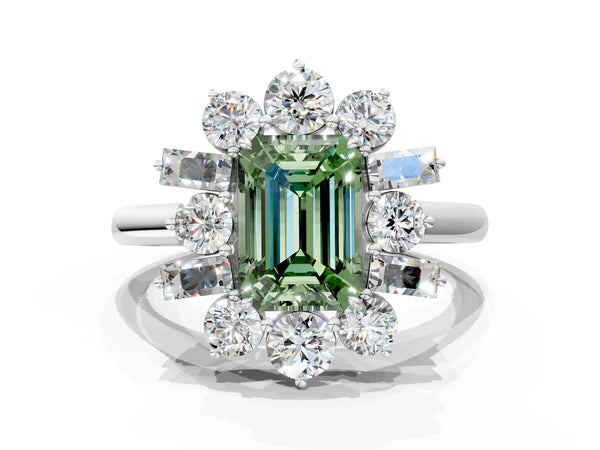 White gold Fancy Green Emerald Cut Diamond Cluster Ring with Round and Baguette Stones, Split Shank Band, Prong Setting