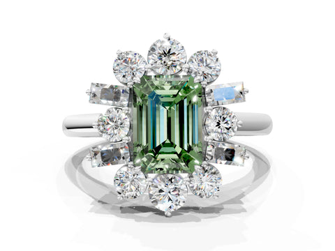 White gold Fancy Green Emerald Cut Diamond Cluster Ring with Round and Baguette Stones, Split Shank Band, Prong Setting_12