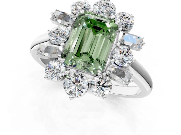 White gold Fancy Green Emerald Cut Diamond Cluster Ring with Round and Baguette Stones, Split Shank Band, Prong Setting