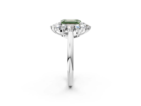 White gold Fancy Green Emerald Cut Diamond Cluster Ring with Round and Baguette Stones, Split Shank Band, Prong Setting