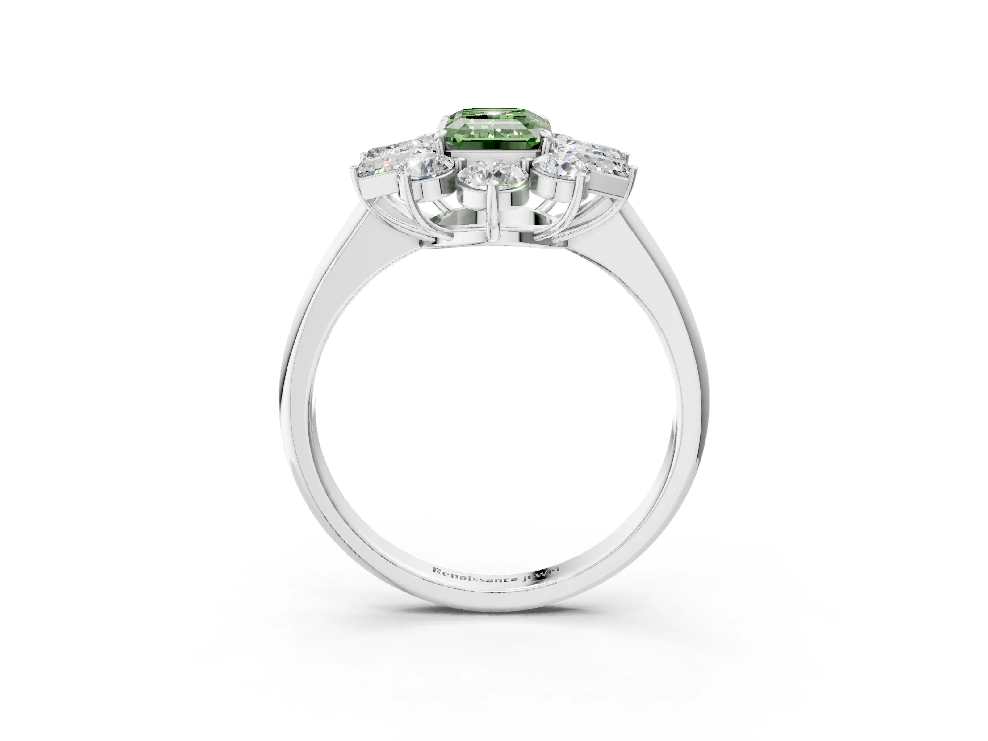 White gold Fancy Green Emerald Cut Diamond Cluster Ring with Round and Baguette Stones, Split Shank Band, Prong Setting_15