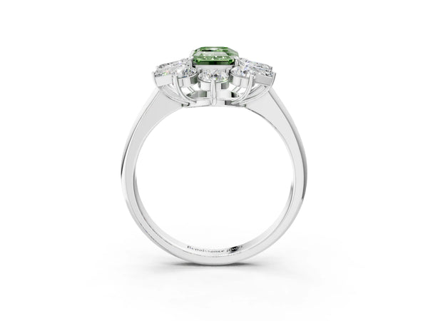 White gold Fancy Green Emerald Cut Diamond Cluster Ring with Round and Baguette Stones, Split Shank Band, Prong Setting
