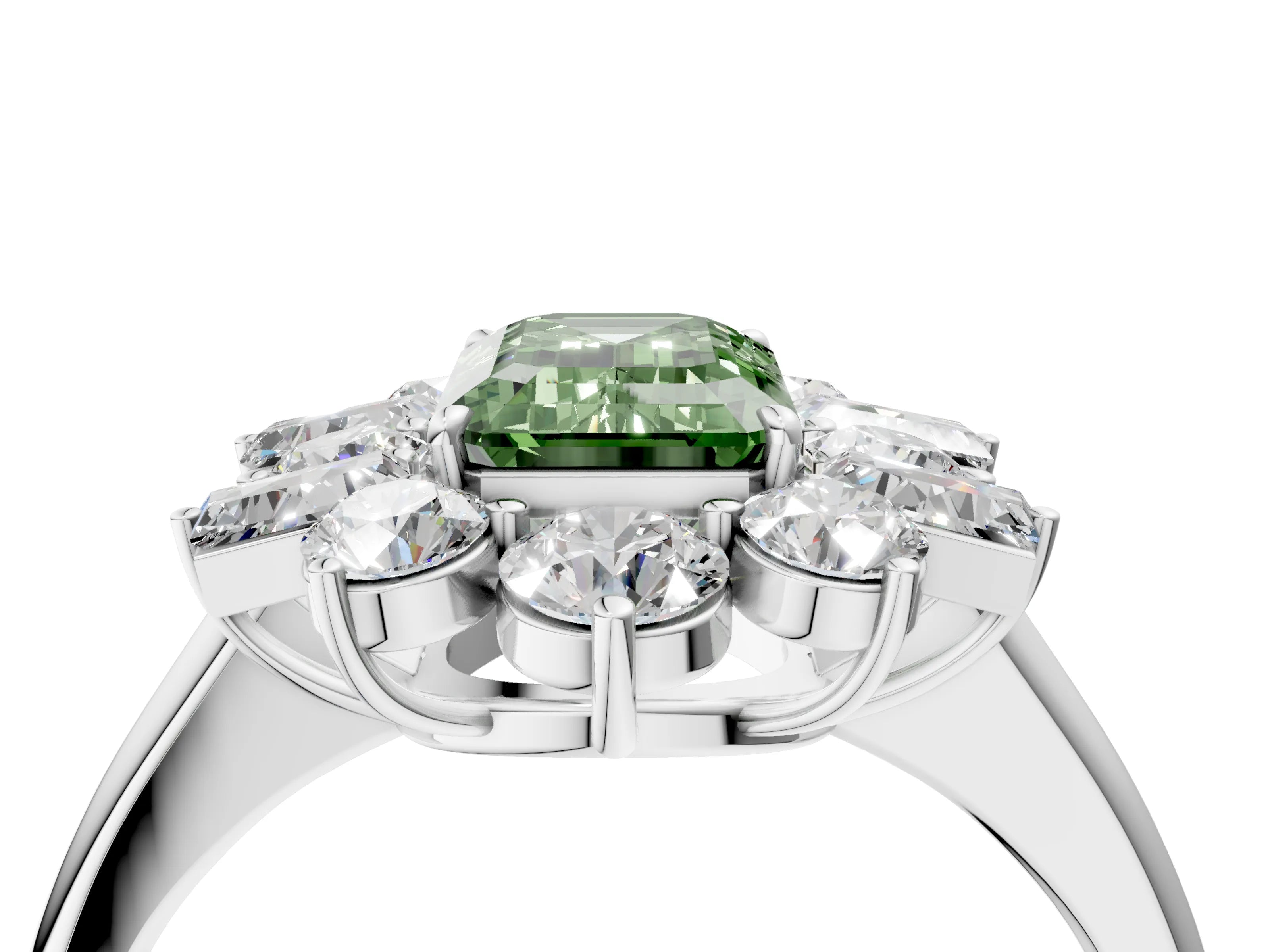 White gold Fancy Green Emerald Cut Diamond Cluster Ring with Round and Baguette Stones, Split Shank Band, Prong Setting_16