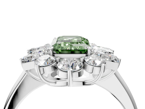 White gold Fancy Green Emerald Cut Diamond Cluster Ring with Round and Baguette Stones, Split Shank Band, Prong Setting_16