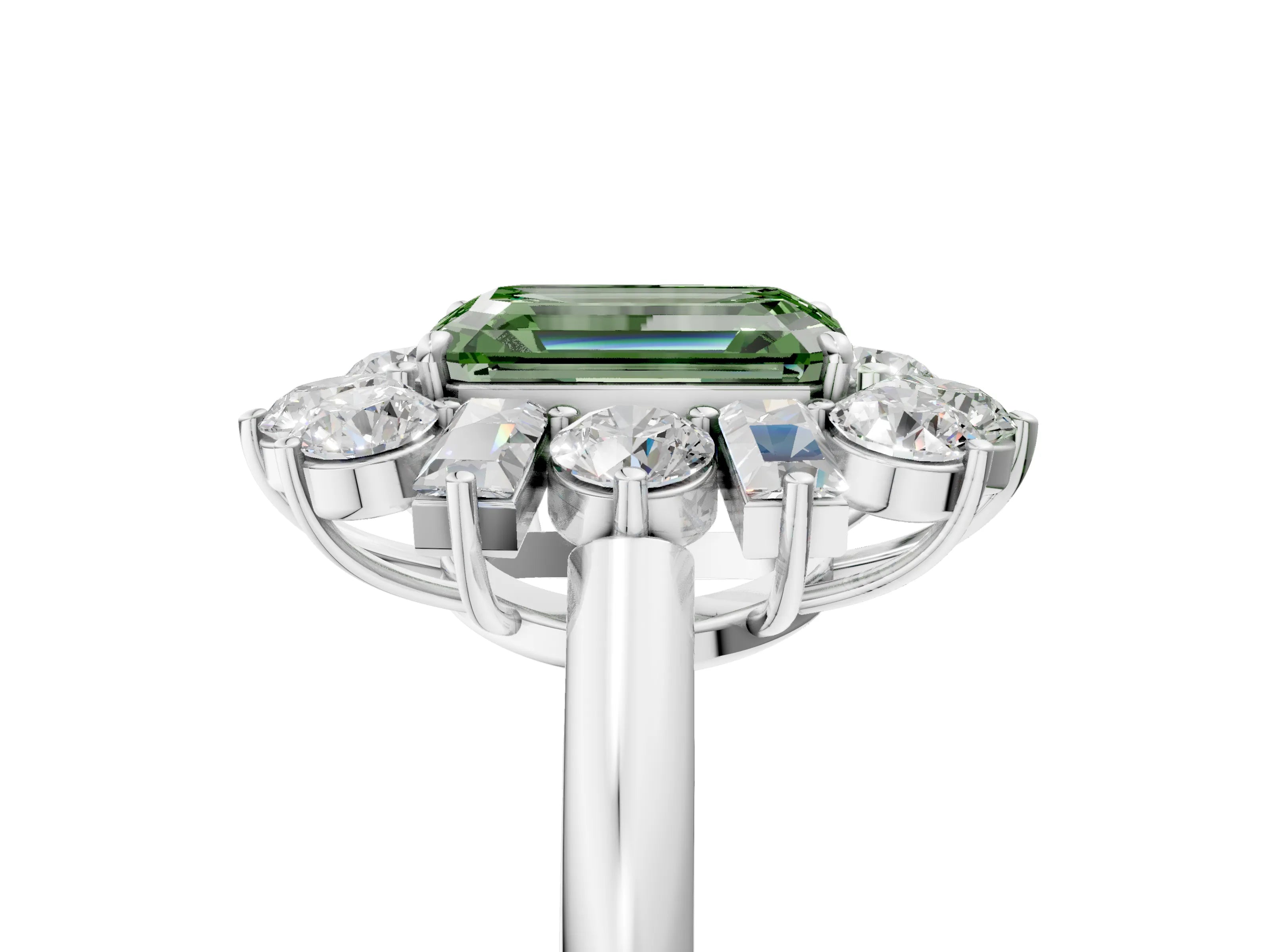 White gold Fancy Green Emerald Cut Diamond Cluster Ring with Round and Baguette Stones, Split Shank Band, Prong Setting_17