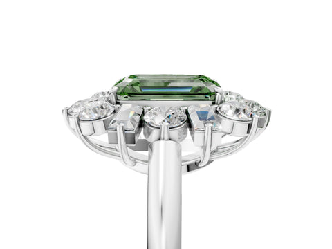 White gold Fancy Green Emerald Cut Diamond Cluster Ring with Round and Baguette Stones, Split Shank Band, Prong Setting_17