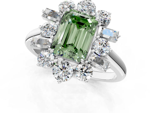 White gold Fancy Green Emerald Cut Diamond Cluster Ring with Round and Baguette Stones, Split Shank Band, Prong Setting_1