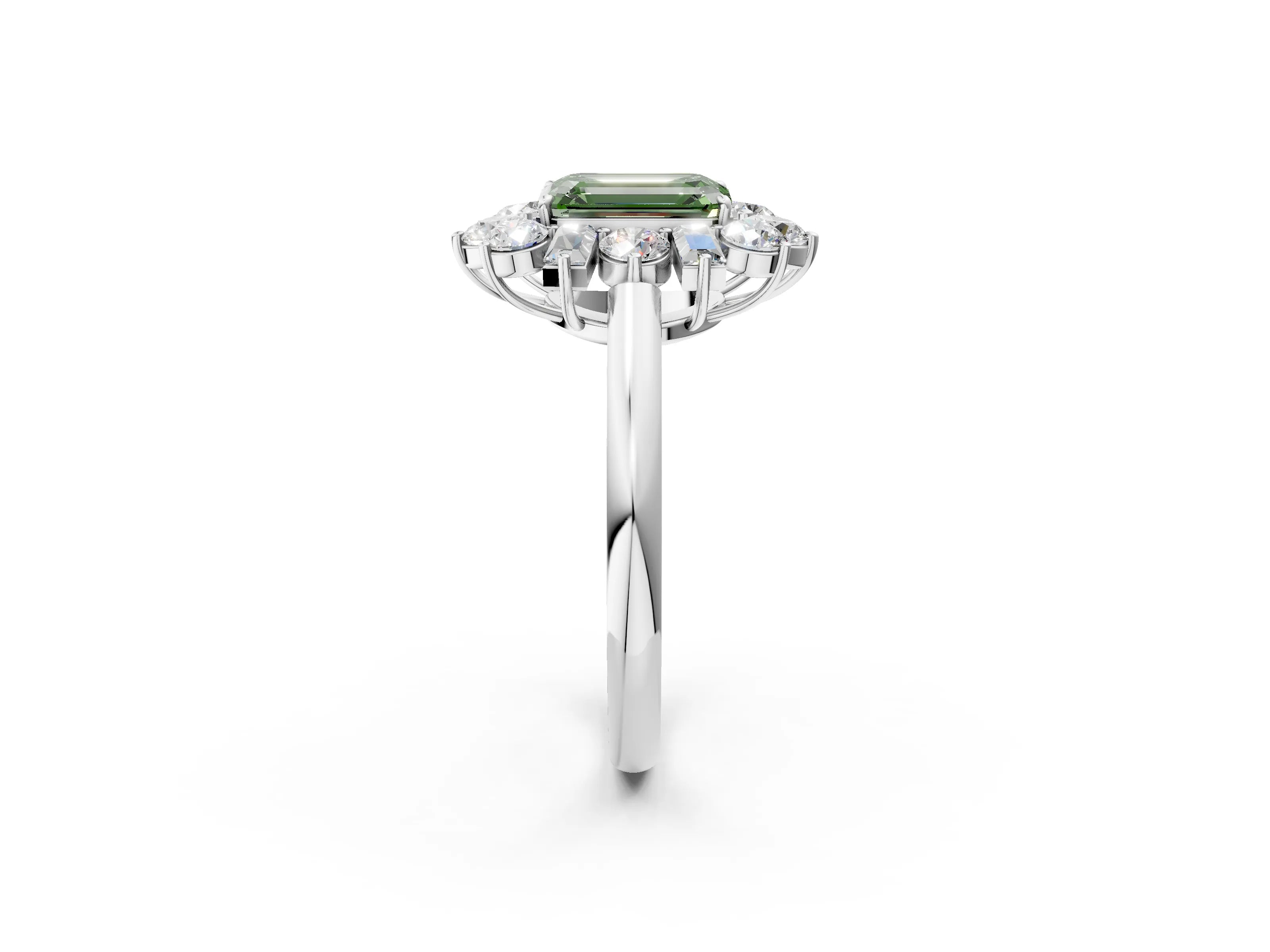 White gold Fancy Green Emerald Cut Diamond Cluster Ring with Round and Baguette Stones, Split Shank Band, Prong Setting_2
