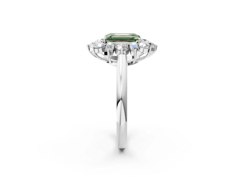 White gold Fancy Green Emerald Cut Diamond Cluster Ring with Round and Baguette Stones, Split Shank Band, Prong Setting_2