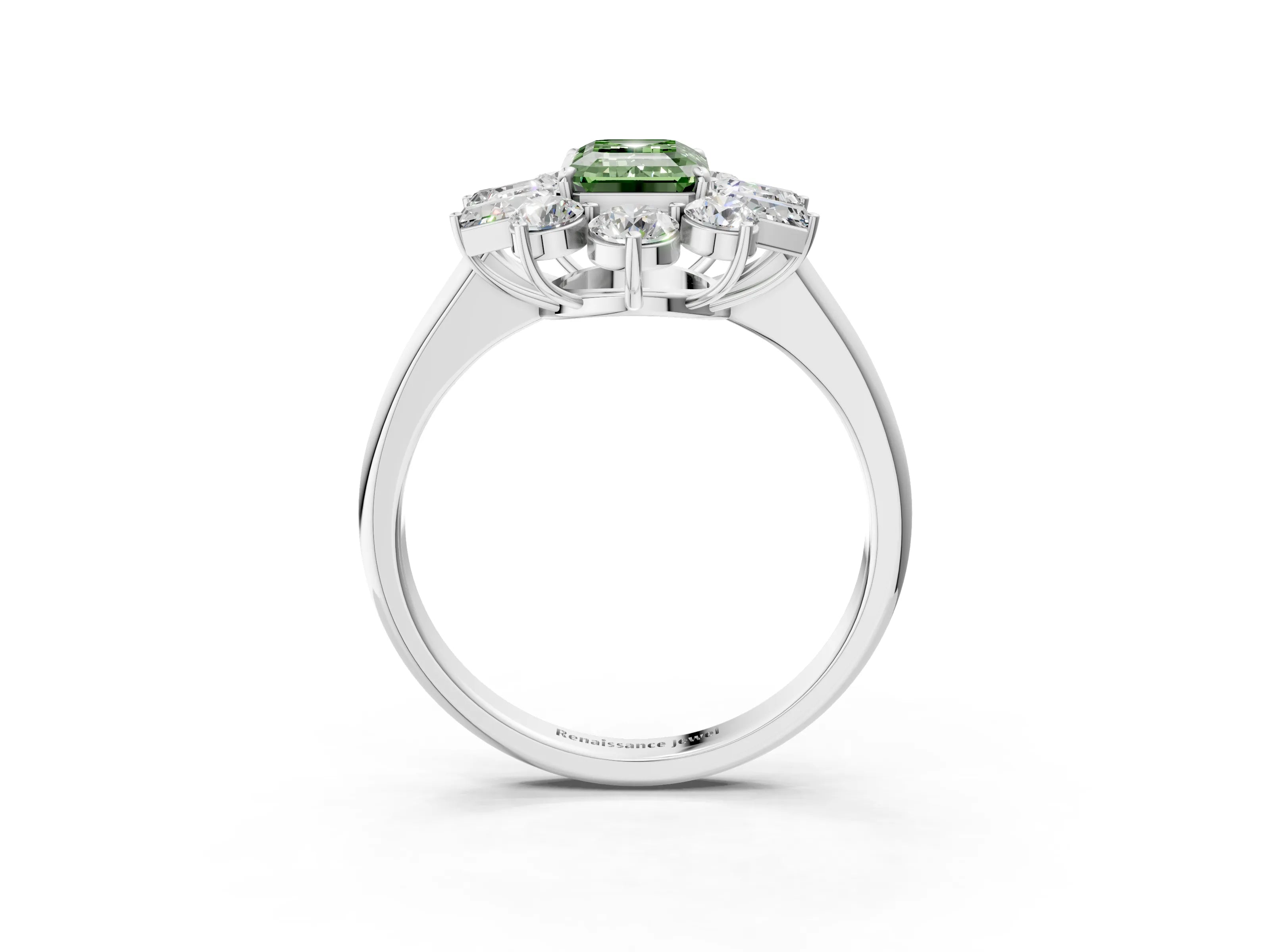 White gold Fancy Green Emerald Cut Diamond Cluster Ring with Round and Baguette Stones, Split Shank Band, Prong Setting_3