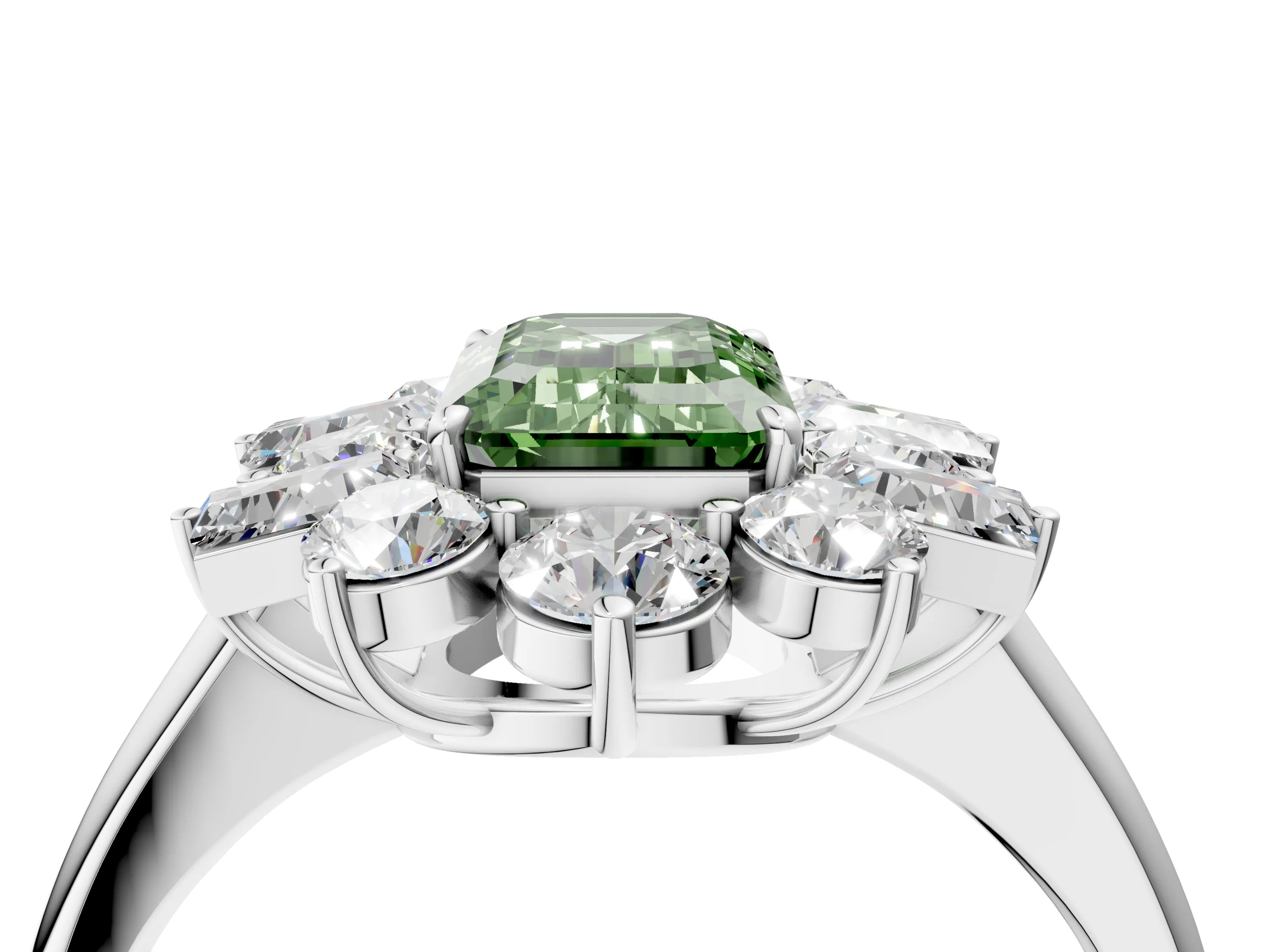 White gold Fancy Green Emerald Cut Diamond Cluster Ring with Round and Baguette Stones, Split Shank Band, Prong Setting_4