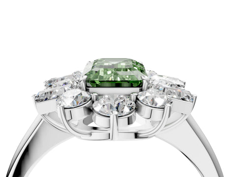White gold Fancy Green Emerald Cut Diamond Cluster Ring with Round and Baguette Stones, Split Shank Band, Prong Setting_4